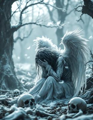 The primary subject of the image is a skeleton dressed in a white gown, sitting on the ground surrounded by a forest. The setting is a snowy, wintery environment with trees and a forest in the background. The visual style is a digital art or illustration, creating a surreal and eerie atmosphere. The colors are predominantly white and gray, with some black accents, giving the image a cold and mysterious mood.